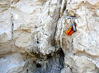 This photo shows several layers of the Touchet Formation, as seen close-up. There is a geologist's hammer and a leather glove in the photo to provide perspective – they suggest the layers are about 1 meter deep. There is a vertical seam of a different material running through the horizontal layers – this is the clastic dike which was introduced by later geologic processes.