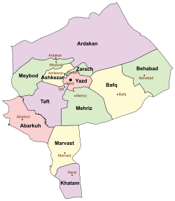 Location of Marvast County in Yazd province (bottom, yellow)