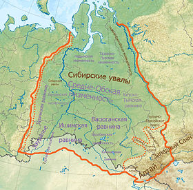 Западно-Сибирская равнина на карте Западной Сибири (горные районы отделены пунктиром)