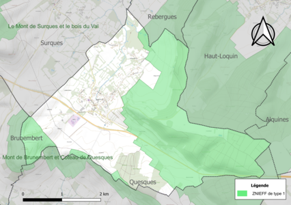 Carte des ZNIEFF de type 1 sur la commune.