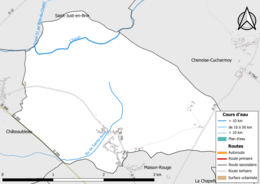 Carte en couleur présentant le réseau hydrographique de la commune