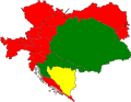 La «doble monarquía» entre 1908 y 1918: una opción trialista de facto: Austria (rojo), Hungría (verde) y Bosnia y Herzegovina (amarillo).