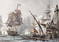 Painting of a naval battle with British, French and Spanish ships exchanging cannon fire