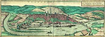 Vista da cidade de Tréveris (1572), na Alemanha, gravada em cobre e publicada por Georg Braun e Frans Hogenberg em Civitates orbis terrarum, vol. 1, 1572 (definição 7 893 × 2 793)