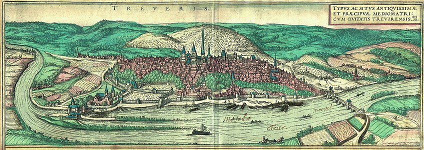 1572 map of Trier at History of Trier, by Georg Braun and Frans Hogenberg (edited by Palauenc05)