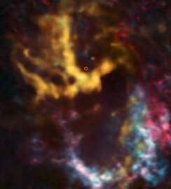 ALMA observations of molecular-hydrogen-rich gas clouds, with the area around Sagittarius A* circled[47]