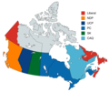 Image 14The governing political party or parties in each Canadian province. Multicoloured provinces are governed by a coalition or minority government consisting of more than one party. (from Provinces and territories of Canada)