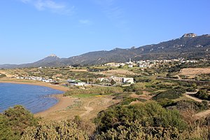 A general view of the village of Davlos, its beach and the surrounding countryside, looking from the west