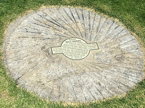 They were made in France and moved across the plains by ox cart and used in Salt Lake City prior to being sold to Rich. They were embedded in a walkway south of the Paris Idaho Tabernacle in 1937.