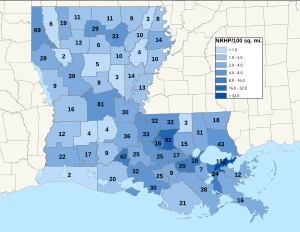 Distribuição de NRHPs nos condados da Luisiana.
