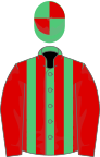 Emerald green and red stripes, red sleeves, quartered cap