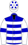 Blue and white hoops, white sleeves, blue armlets, white cap, blue diamonds