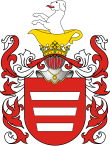 Red, white and gold coat of arms with a dog
