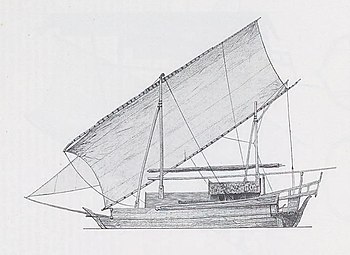 Burningham's reconstruction of padewakang with bowsprit and headsail.