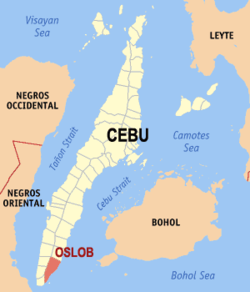 Map of Cebu with Oslob highlighted