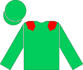 Green racing hat and shirt, with a red bar on each shoulder