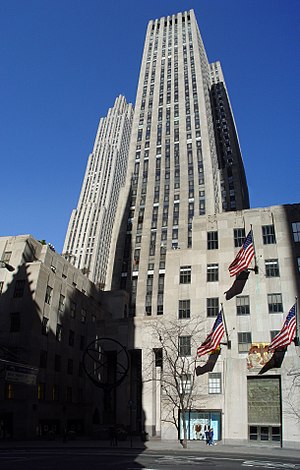 View of the eastern facade of the International Building as seen from ground level on Fifth Avenue