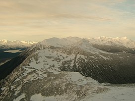 A view of the southern end of the Takshanuk Mountains. The Chilkat River can barely be glimpsed in the lower lefthand corner.