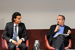 Tom Gross (right) interviews Egyptian dissident and former political prisoner Maikel Nabil at the 2012 Geneva Summit for Human Rights and Democracy