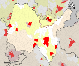 Localisation de l'aire d'attraction d'Oyonnax dans le département de l'Ain.