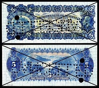 Australian five-pound note from the series of 1923–25 at Banknotes of the Australian pound, by the Commonwealth Bank