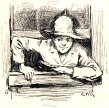 Gravure noir et blanc. On voit le buste de l'enfant qui passe par la fenêtre. Il porte un chapeau.