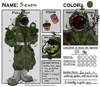 A character sheet for a green-suited astronaut named "Seven"