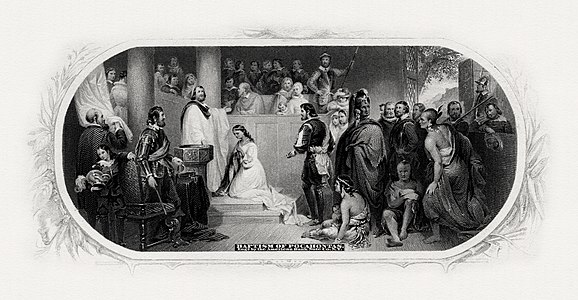 Baptism of Pocahontas at Art and engraving on United States banknotes, by John Gadsby Chapman and Charles Burt (restored by Godot13)