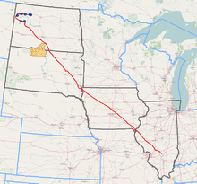 Dakota Access Pipeline route (Standing Rock Indian Reservation is shown in orange, affected states are outlined in black)[1]