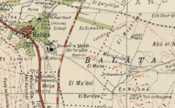 Balata in the 1940s Survey of Palestine, with Jacob's Well (Bir Ya'qub), Joseph's Tomb (En Nabi Yusuf), and Tell Balata (labelled "Ruins")