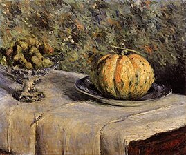 Melon et compotier de figues par Gustave Caillebotte[46], collection privée. Peint côte à côte avec Renoir au Château de Wargemont en 1882.