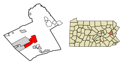 Location of Jim Thorpe in Carbon County, Pennsylvania (left) and of Carbon County in Pennsylvania (right)