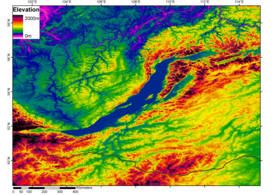 Modelo digital del terreno del lago Baikal y de las regiones vecinas. La depresión de Tunka aparece en verde en el sector inferior izquierdo del mapa como prolongación sudoeste del lago Baikal. La línea negra este-oeste es la frontera entre Rusia y Mongolia.