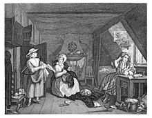 In a small scruffy garret, with a fireplace at the back of the room, a man sits at a desk underneath a roof window, quill in his hand, writing on a sheet of paper. A woman sits in the centre of the room, repairing clothes. Some of these clothes are on the floor, and a cat is sleeping on the pile they form. Underneath the pile, partially concealed, is a copy of a journal. The woman is looking at another woman who has entered the room to the left, who holds a list of items. At her feet, a dog is stealing a piece of food from a plate on a chair.