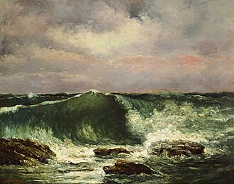 Gustavo Courbet's painting titled Waves and depicting rolling, foamy, sea-green waves crashing on water and rocks.
