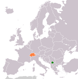 Map indicating locations of Kosovo and Switzerland