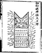 A 'divine moving phalanx-breaking fierce-fire sword-shield' (shen xing po zhen meng huo dao pai) as depicted in the Huolongjing. A mobile shield fitted with fire lances used to break enemy formations.