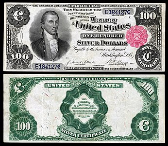 One-hundred-dollar silver certificate from the series of 1891, by the Bureau of Engraving and Printing