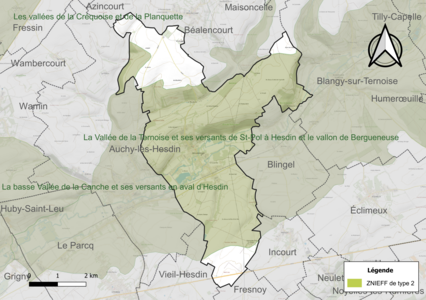 Carte de la ZNIEFF de type 2 sur la commune.