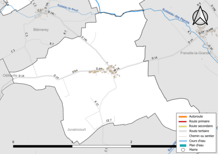 Carte en couleur présentant le réseau hydrographique de la commune