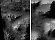 Atlantis Chaos, within the Atlantis basin, as seen by HiRISE. Click on image to see mantle covering and possible gullies. The two images are different parts of the original image. They have different scales.