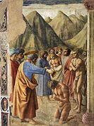 Le Baptême des néophytes Masaccio fresque, H. 2,55 m. Chapelle Brancacci 1426-1427