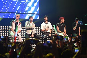 CNCO performing in 2019 (from left to right: Zabdiel, Erick, Joel, Richard and Christopher).