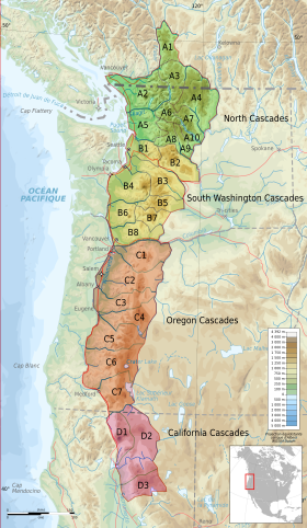 Carte des subdivisions de la chaîne des Cascades avec les monts Wenatchee en B2.