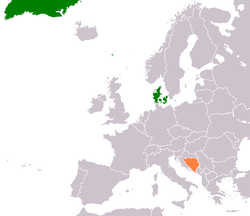 Map indicating locations of Denmark and Bosnia and Herzegovina