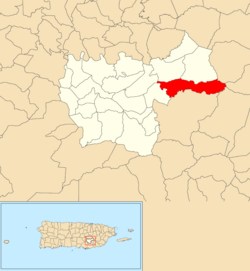 Location of Farallón within the municipality of Cayey shown in red