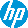 A light blue circle with the stylized italic letters "hp" on it