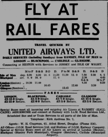 A photograph of United Airways Timetable to and from Hall Caine Airport, summer 1935