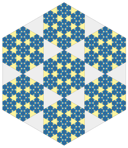 Hexaflake with child hexagon vertexes touching and center polygons, first 4 iterations.