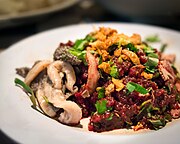 Lap nuea dip is a northern Thai raw beef larb which includes raw beef tripe